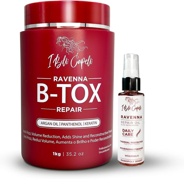 Ravenna Hair Straightening Kit – Repair Hair B-Tox & Repair Oil – Anti-Frizz, Intense Hydration, Shine – Formaldehyde-Free – B-Otox Hair Treament for All Hair Types (2-Pack)