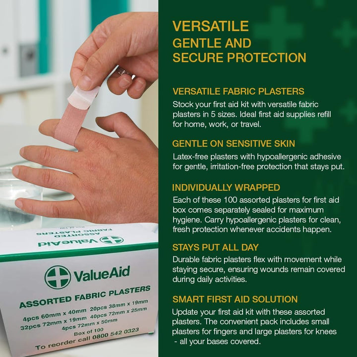 Fabric Plasters Assorted - Box of 100 Individually Wrapped Hypoallergenic Plasters, Latex-Free Adhesive - 5 Popular Sizes for First Aid Kit & On-The-Go Use Medical Supplies