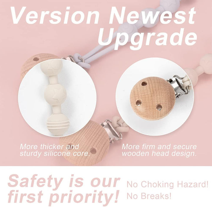 Dummy Clip, 2 Pack Silicone Dummy Clips with Wooden Design Pacifier Holder Clip, Soft Flexible Pacifier Clips for Boys and Girls (White)