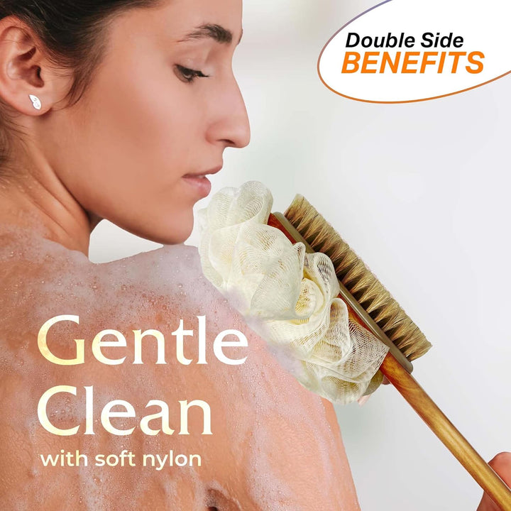 Back Scrubber 43Cm Long Wooden Handle, Double-Sided Shower Brush with Stiff Bristles and Loofah Exfoliates and Massages Skin, Ideal for Men and Women