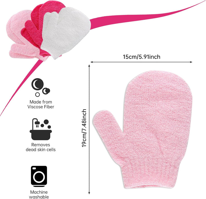 Exfoliating Gloves 6Pcs Bath and Body Exfoliator Mitts, Bamboo Shower Gloves, Scrubs Away Ingrown Hair and Dead Skin, for Shower, Spa, Massage and Dead Skin Cell Remover Loofah (Pink, Rose Red, White)