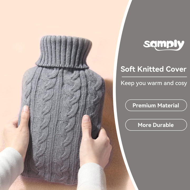 Hot Water Bottle with Knitted Cover, 2L Hot Water Bag for Hot and Cold Compress, Hand Feet Warmer, Neck and Shoulder Pain Relief, Gray