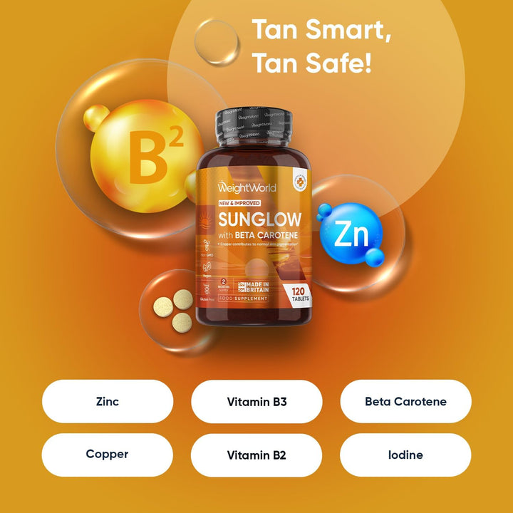 Tanning Tablets - 120 Sunglow Tablets - Beta Carotene Tanning with Vitamin B2 & B3, Zinc, Copper & Iodine - Gluten-Free & Non-Gmo - Made in the UK