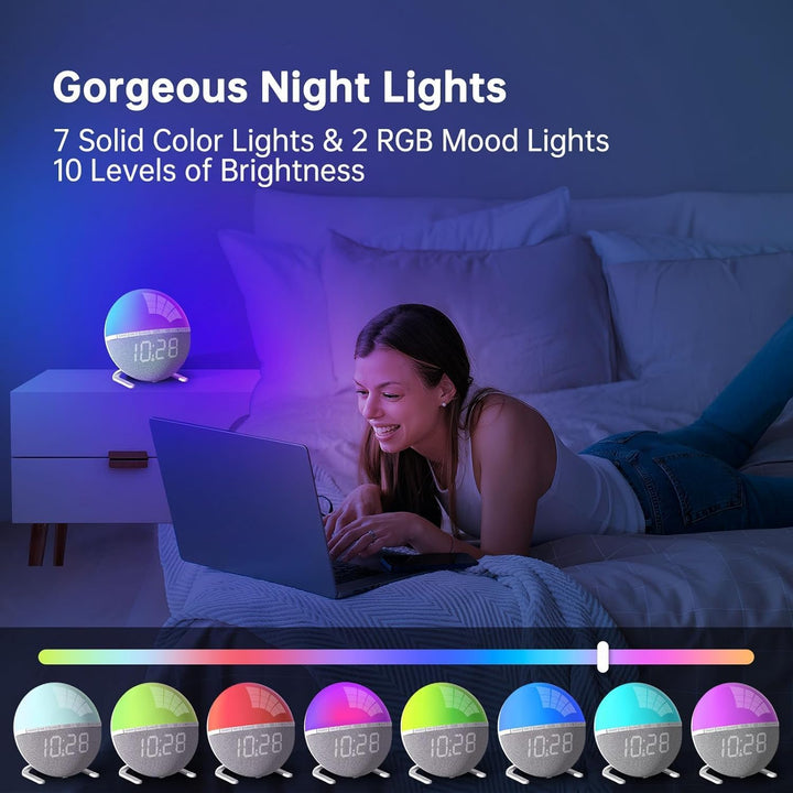 Sunrise Digital Alarm Clock, Wake up Light with Sunrise Simulation, Sunlight Alarm Clock Multicolor Bedside Lamps, Snooze, 9 Colors Night Light, 7 Ringtones, Sleep Aid, Gift for Kids, Adults