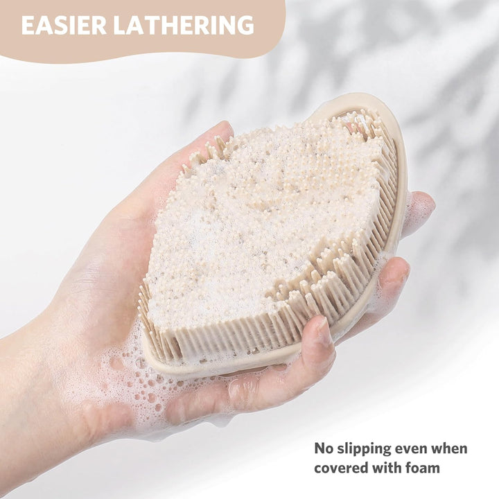 Silicone Body Scrubber, Gentle Exfoliating Shower Scrubber for Sensitive Skin, Leaf Shaped Silicone Loofah Body Brush with Lathering Bristles, Oatmeal