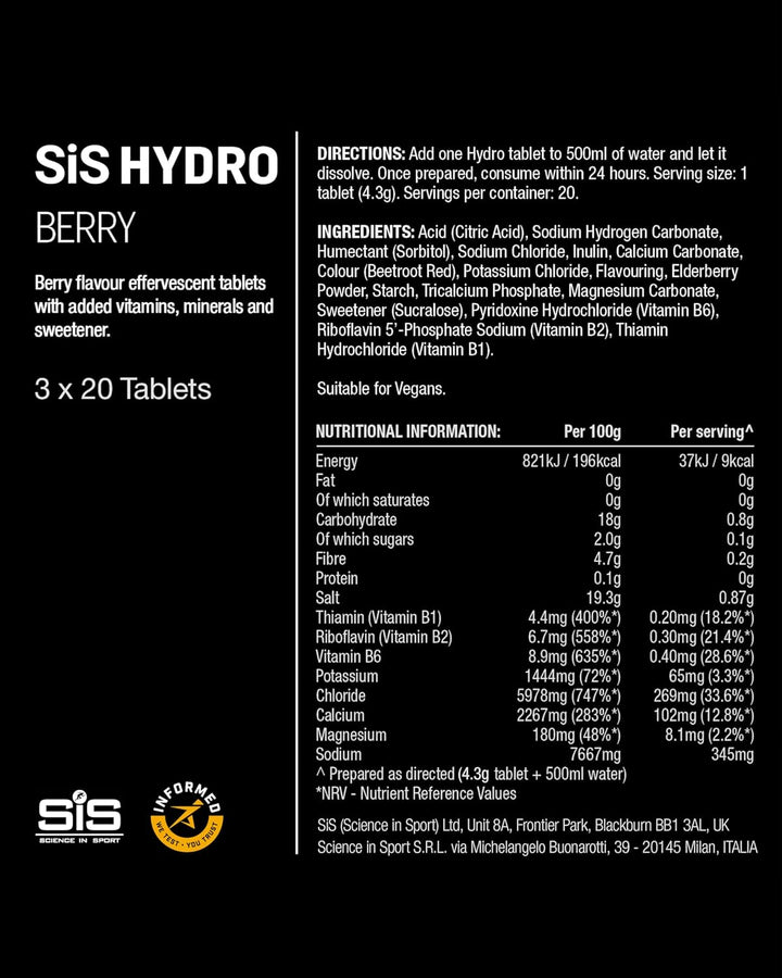 Hydro Electrolyte Tablets 20 Pcs. Berry – Vegan & Gluten-Free, Ideal to Promote Hydration and Maintain Electrolytes Balance (Packaging May Vary)
