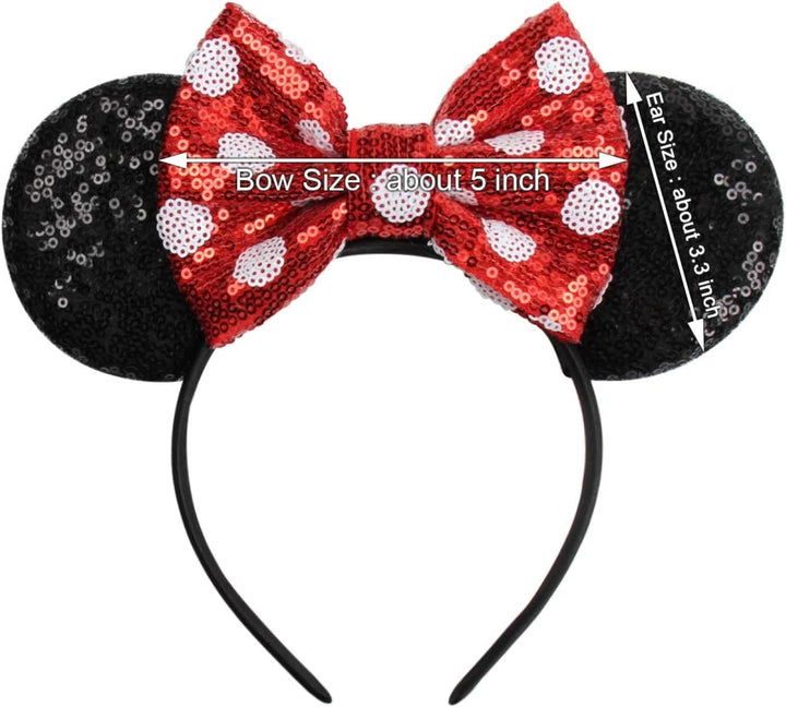 Mouse Ears Bow Headbands Shiny Bows Glitter Party Decoration Cosplay Costume for Kids Girls Women Princess Party Decorations Cosplay (Black+Red))