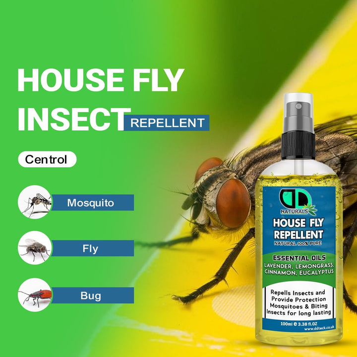 House Fly Insect Repellent with Lavender, Lemongrass, Eucalyptus & Cinnamon Essential Oil - Body Oil Deet Free (100Ml Spray)