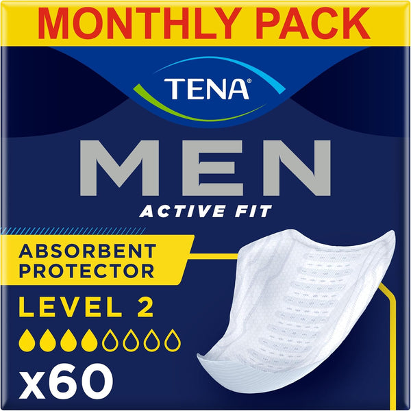 Men Absorbent Protector Incontinence Pads, Level 2, 60 Incontinence Pads (10 X 6 Packs) for Men of All Ages, Cup-Shaped for Medium Bladder Weakness, Urine Leakage and Drips