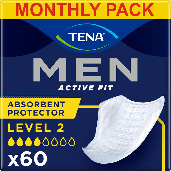 Men Absorbent Protector Incontinence Pads, Level 2, 60 Incontinence Pads (10 X 6 Packs) for Men of All Ages, Cup-Shaped for Medium Bladder Weakness, Urine Leakage and Drips