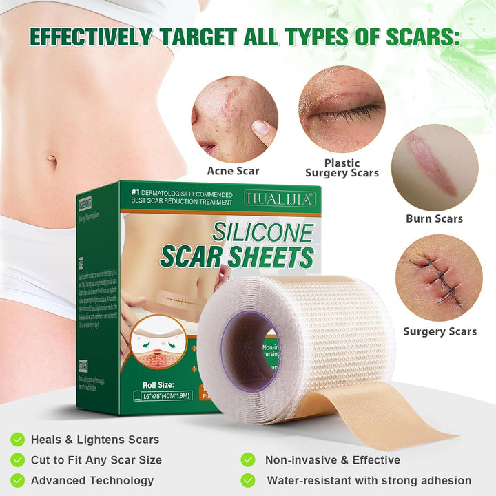 Silicone Scar Tape, Silicone Scar Sheets(1.6" X 75" Roll-1.9M), Medical Grade Scar Tape, Reusable Silicone Tape for Surgical Scar, C-Section, Keloid