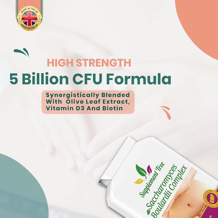 Saccharomyces Boulardii Probiotic (5 Billion CFU per Capsule) 90 Capsules - Advance Probiotics Supplement with Added Olive Leaf Extract, Vitamin D3 & Biotin - Vegetarian Friendly