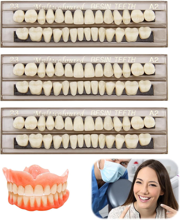 84Pcs False Teeth, Fake Teeth Dental Acrylic Resin Denture, Denture Repair Kit, 23 Shade A2 Upper + Lower Dental Materials for Replacement, for Missing Loose Tooth, 3 Sets, 23 A2
