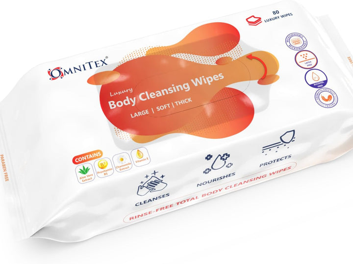 80X  Thick Luxury Body Cleansing Wipes - Microwaveable | Large Rinse Free Bed Bath Wipes for Elderly | with Aloe Vera & Vitamins | Nourish, Cleanse, Protect | Paraben & Alcohol Free