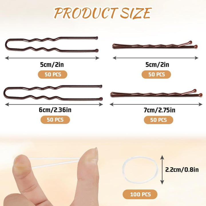 300 Pcs Bobby Pins Kit, Hair Pins for Women, Hair Grips, 100 Brown Waved Hair Pins (50Pcs L+50Pcs S), 100 Brown U Shaped H-Air P-Ins, 100 White Elastic Bands, with Storage Box