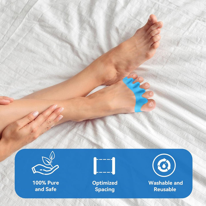 Toe Separators & Toe Spacers - 4 Pairs (Blue and Clear) - Soft Toe Straighteners for Bent Toes - Silicone Toe Separators for Overlapping Toes, Plantar Fasciitis, Hammer Toes & Claw Toes