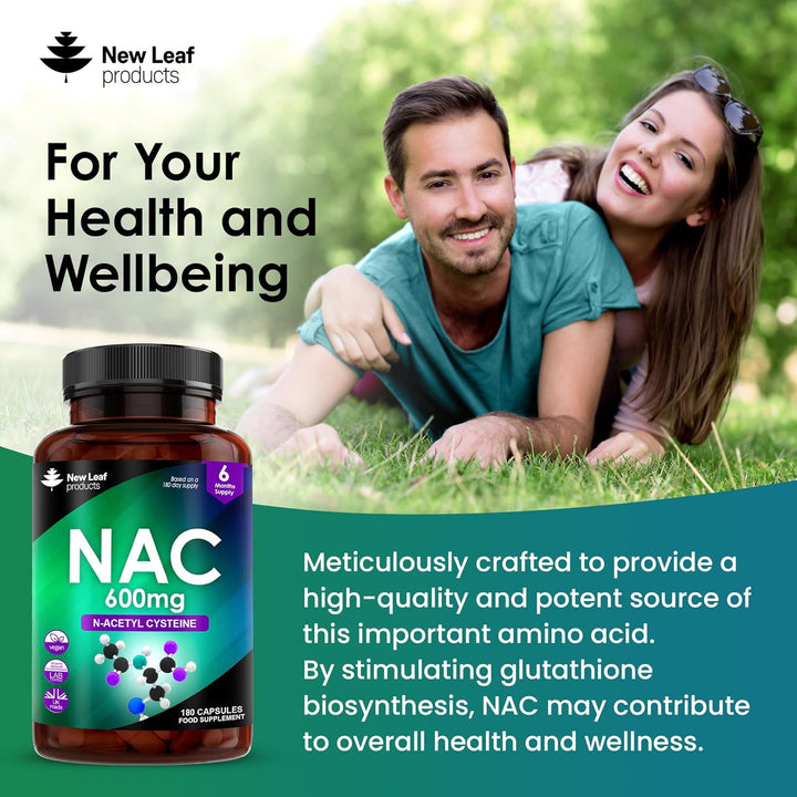 NAC N-Acetyl-Cysteine 600Mg Capsules N-Acetyl Cysteine Nutritional Supplements 180 NAC Capsules - Nac Supplement High Bioavailability Amino Acid - Vegan Friendly - Made in UK by New Leaf