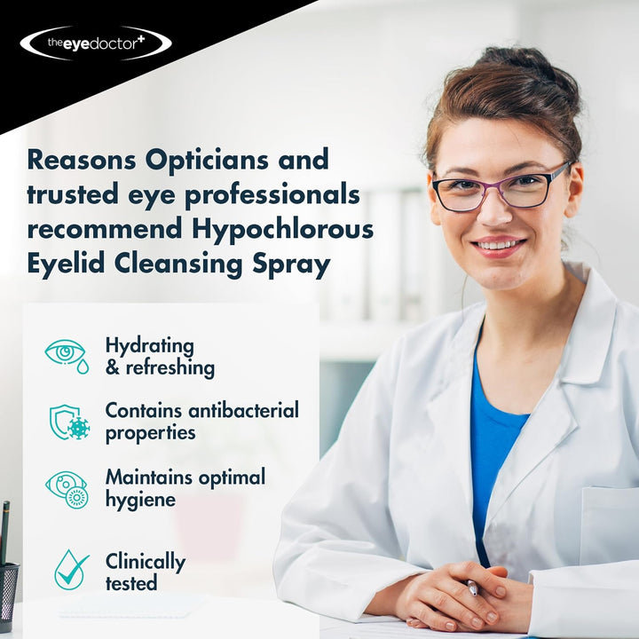 Hypochlorous Eyelid Cleansing Spray - Hypoallergenic with Antibacterial Properties for Use with Dry Eye, Blepharitis & MGD - Preservative & Alcohol Free, Contact Lens Friendly, 100Ml