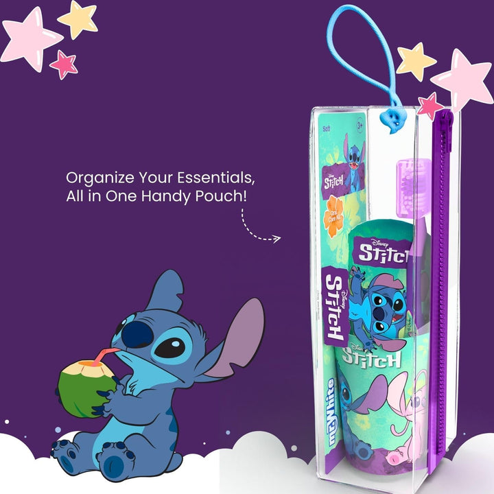 Disney Stitch Kids Toothbrush Set - Soft-Bristle Toothbrush with Suction Cup & Protective Cap, Mint-Flavoured Toothpaste, and Multi-Purpose Beaker | Travel-Ready Oral Care Kit for Children Ages 3+