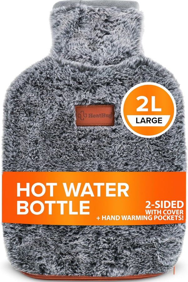 Hot Water Bottle with Cover UK - for Pain Relief (2L) 2 Sided Hot Water Bottle for Adults with Pocket for Endometriosis Period Pain Relief Stomach Cramps