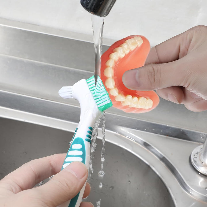 2Pcs Effective Denture Toothbrush, Denture Brush Multi-Layered Soft Bristles Denture Cleaner with Carrying Case for Dentures False Teeth Clean Care