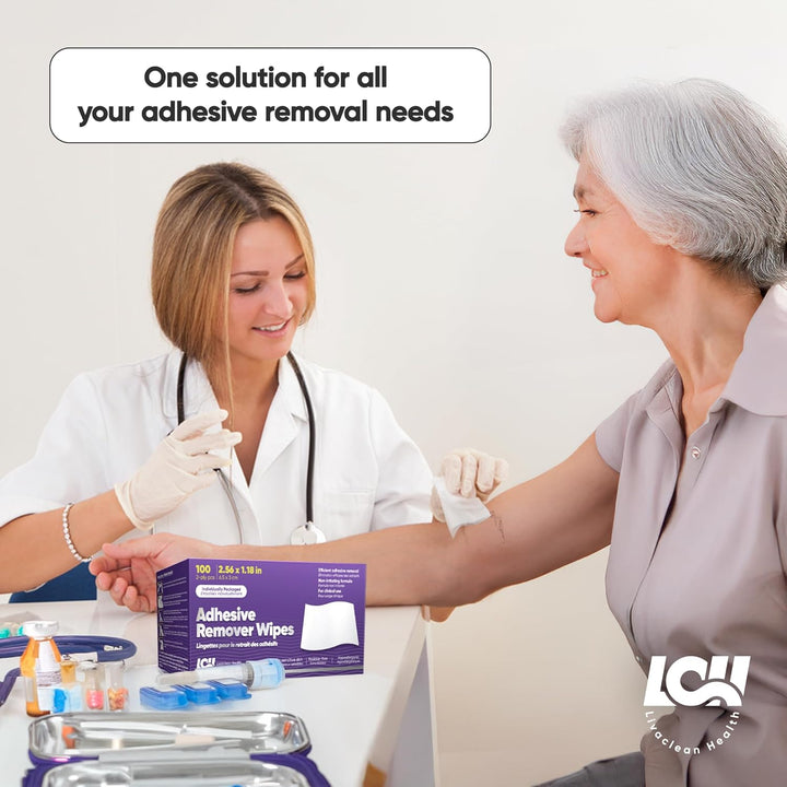 Adhesive Remover Wipes for Skin 100 CT – Medical Adhesive Remover for Tape, Plaster & Sticky Residue – Individually Wrapped, Non-Greasy 2-Ply 2.56X1.18In (6.5X3Cm) Skin Wipes