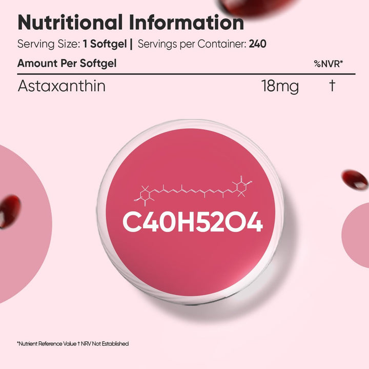 Natural Astaxanthin 18Mg - 240 Softgels - 8 Months Supply - Vegan Astaxanthin Supplements - Sourced from Haematococcus Pluvialis Algae - Non-Gmo & Gmp-Approved - for Both Men & Women