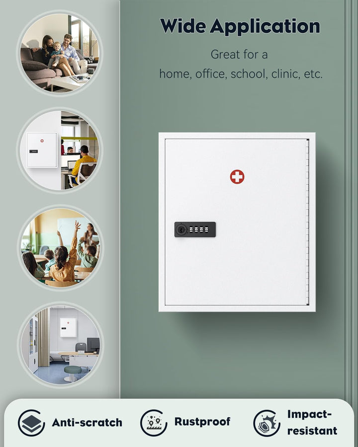 Wall Mount Medicine Cabinet with Combination & Key Lock Locking First Aid Cabinet Lockable Medical Large Capacity Medicine Organizer Secure Steel Wall Metal Storage Box, White