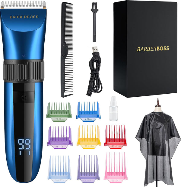 Cordless Self-Sharpening Beard & Hair Trimmer - Waterproof with Ceramic Blades, LED Display, Fast Charging, and 8 Color Comb Attachments QR-2082