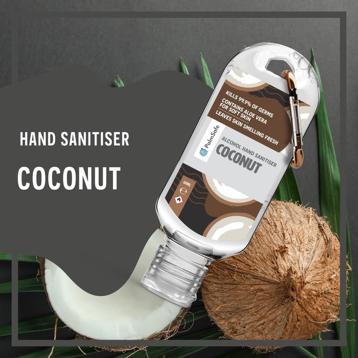 Coconut 60Ml anti Bacterial Premium Hand Sanitiser Travel Size Refillable Clip Bottle Quick Drying Non Sticky Extra Moisturising Kills 99.9% of Viruses and Bacteria