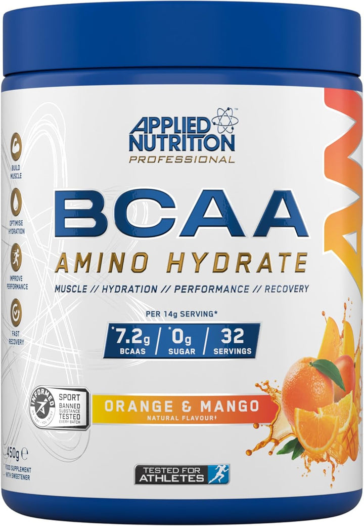 BCAA Powder - Branched Chain Amino Acids Bcaas Supplement, Amino Hydrate Intra Workout & Recovery Energy Drink (45G - 32 Servings) (Orange & Mango)