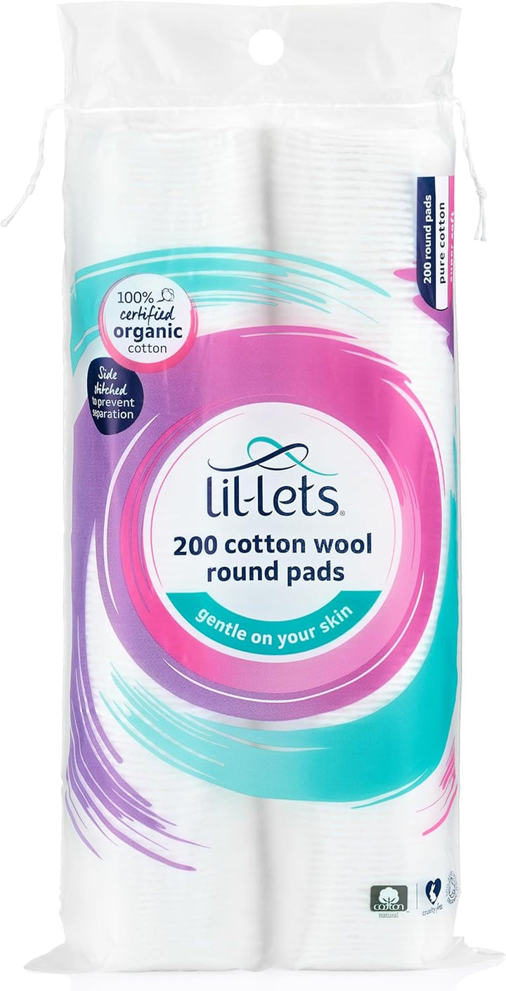 Cotton Wool round Pads, 200 Count, Certified Organic, 100% Pure Cotton Wool, Soft and Absorbent, Gentle on Skin, Dermatologically Tested, Bulk Pack