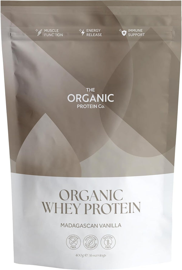 The Organic Protein Co. – Madagascan Vanilla Organic Whey Protein Powder | No Additives, Undenatured, Bioactive, UPF Free, No Emulsifiers, Primarily Grass Fed, Vegetarian, Gluten Free – 400G