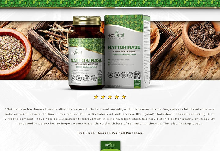 Ezyleaf Nattokinase 100Mg 2000 FU | 120 Vegan Capsules | Protein Enzyme from Japanese Natto | No Artificial Ingredients | ISO Certified, Vegan, Dairy & Gluten Free, Non-Gmo | Manufactured in the UK