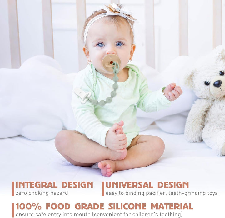 Silicone Dummy Clip for Baby Boys and Girls, One Piece Pacifier Clips, Wooden Soother Clips Design, Fits Most Pacifiers and Teething Toys (Sage+Ether)