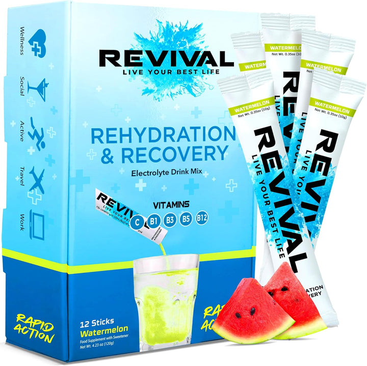 Revival Rapid Rehydration Electrolytes Powder - High Strength Vitamin C, B1, B3, B5, B12 Supplement Sachet Drink, Effervescent Electrolyte Hydration Tablets - 12 Pack Assorted Flavours