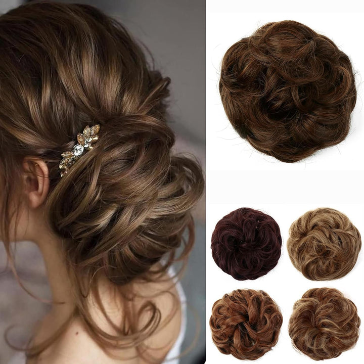 Messy Hair Bun Curly Wavy Hair Scrunchies Accessories Pieces for Women Girls Synthetic Chignons (Dark Brown)
