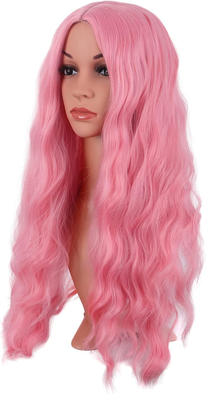 28 Inch/70 Cm Long Wavy Middle Part with No Bangs Synthetic Fiber Curly Fashion Women Party Cosplay Wig (Light Pink)