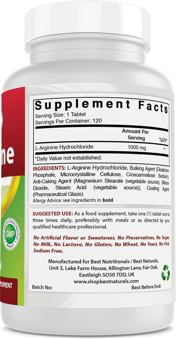 L-Arginine 1000 Mg 120 Tablets - Pharmaceutical Grade L Arginine Supplement Promotes Nitric Oxide Synthesis