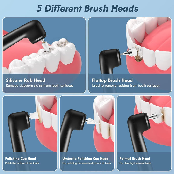 Tooth Polisher Plaque Remover for Teeth, Teeth Stain Remover Teeth Cleaning Plaque Stain Removal Whitening Yellow Teeth with 5 Modes, Tooth Stain Remover with 5 Heads & 3 Toothpaste