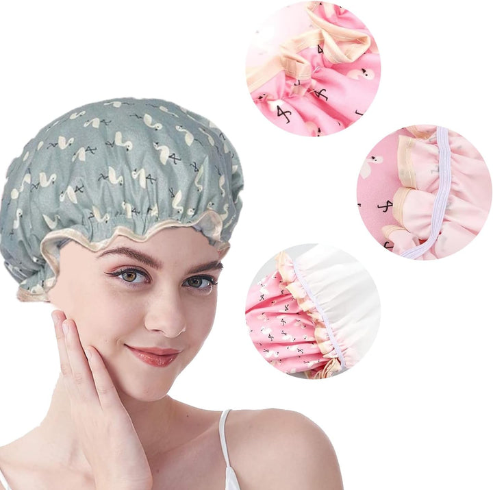 Double Layer Shower Cap for Women Waterproof Reusable Elastic Band, Ruffled Edges Covering Ears for Long, Short & Curly Hair (Blue Bird)