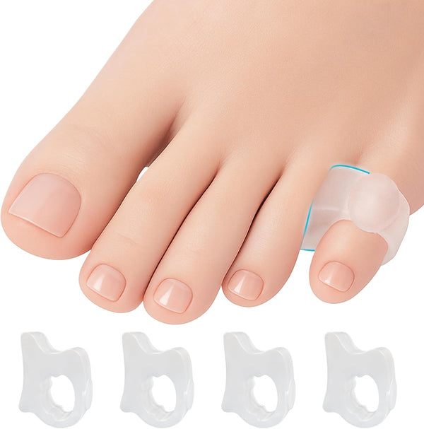 Pinky Toe Spacers for Men & Women – 4 Gel Separators for Overlapping & Curled Little Toes, Bunions, Alignment - Diabetic Foot Care, Silicone Spreader, Corrector & Straightener, Clear