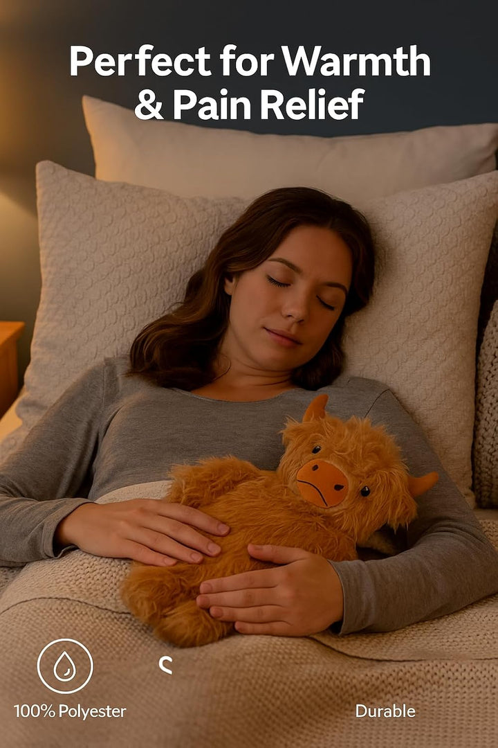 Highland Cow Hot Water Bottle 750Ml 3D Animal Face Plush Cover Soft Cosy Furry Design Natural Rubber Bottle Heat Therapy Neck Back Pain Relief Bedtime Relax Gift Idea for Adults & Kids