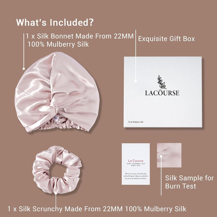 100% Genuine 22Momme Silk Bonnet for Sleeping, Double-Layered Mulberry Silk Hair Wrap with Premium Elastic Stay on Head. (One Size, Pink)