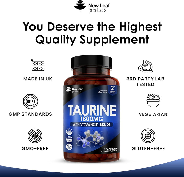 Taurine Supplement - High Strength 1800Mg Capsules Enriched with Vitamins B1, B12 & Vitamin D3-120 Amino Acids Capsules - Vegetarian Made in the UK by New Leaf
