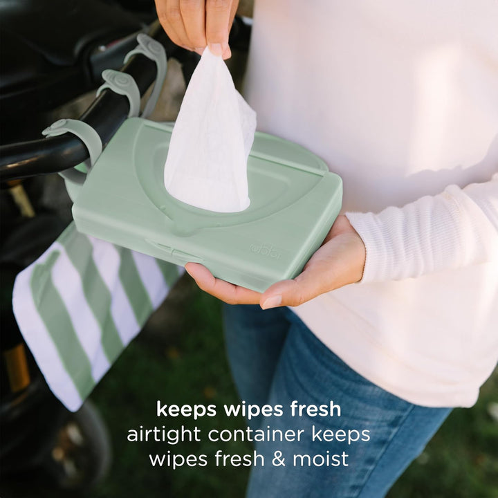 On-The-Go Baby Wipes Dispenser, Portable Wipes Container for Travel, Nappy Bag Accessory Must Have for Newborns, Reusable Wipes Holder, Sage Green
