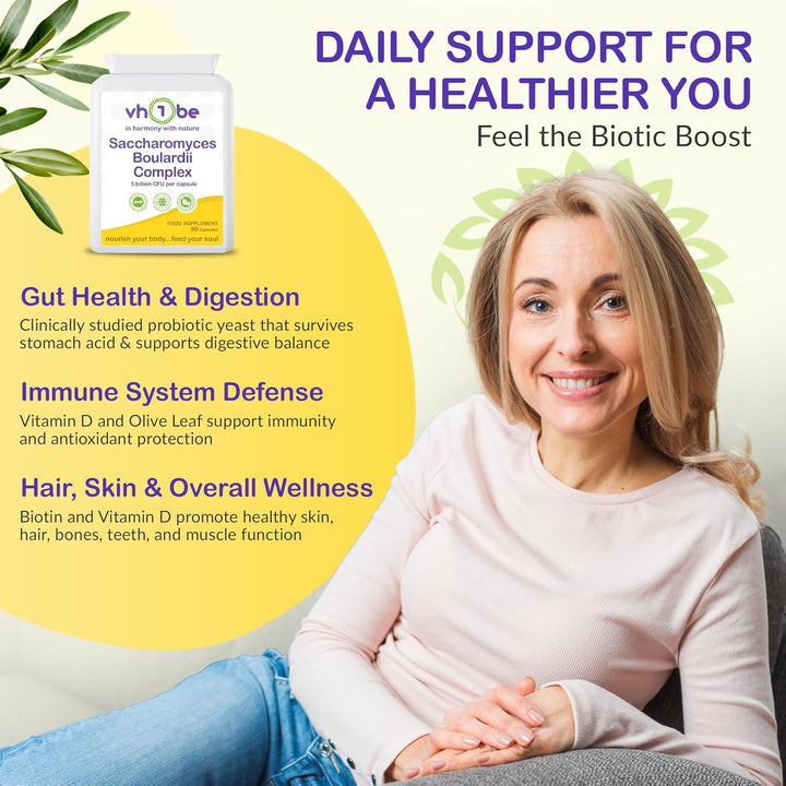 Saccharomyces Boulardii Probiotic – 90 Capsules | 5 Billion Friendly Bacteria with Olive Leaf, Biotin & Vitamin D | Natural Yeast Supplement for Gut Balance & Immune Support | UK Made by