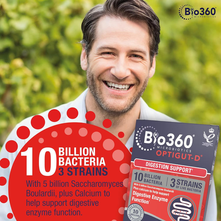 Bio360 Optigut-D Probiotic 10 Billion Live Bacteria - High Strength Vegan Digestive Gut Health Support - Gut Health Supplement for Adults & Kids - Gluten Free, Non-Gmo - 30 Capsules