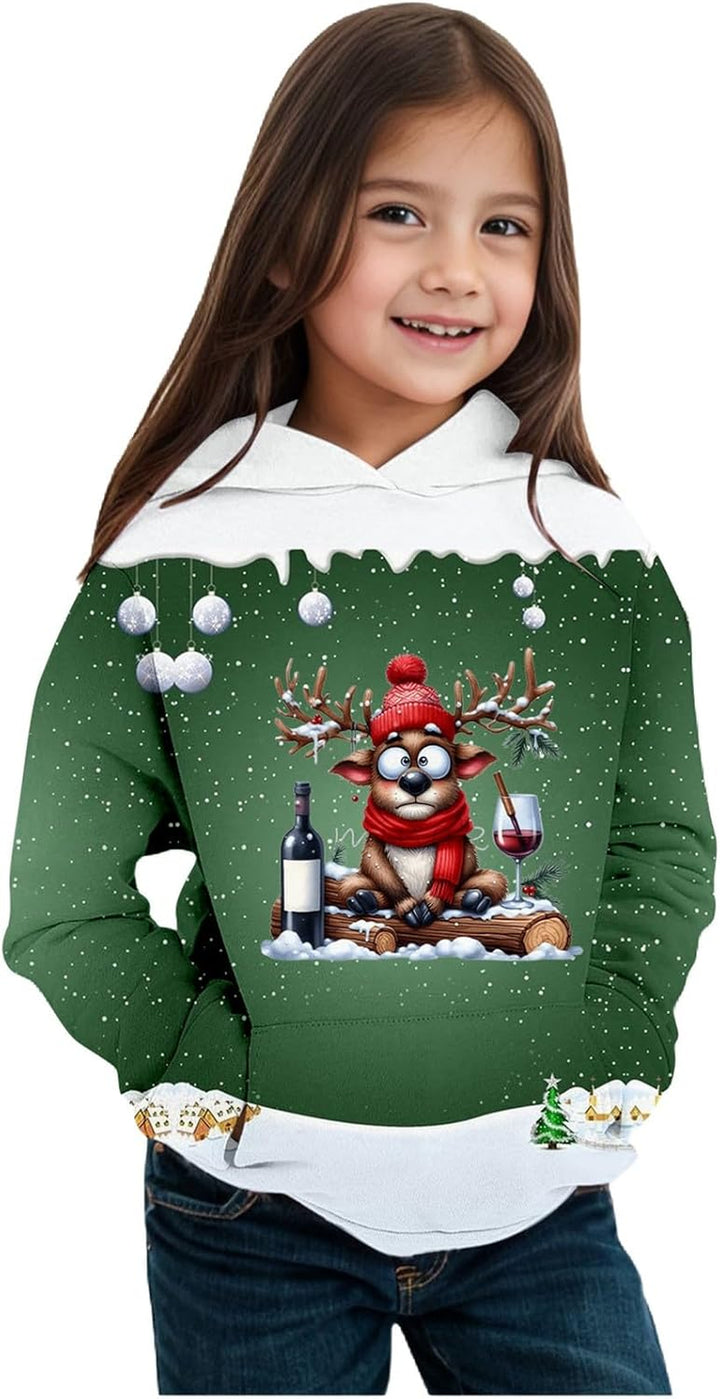 2025 Christmas Print Girls Hooded Sweatshirt Long Sleeve Pullover Top for Winter Holiday Festive Outfit Cozy Fleece Lined Soft Casual Wear