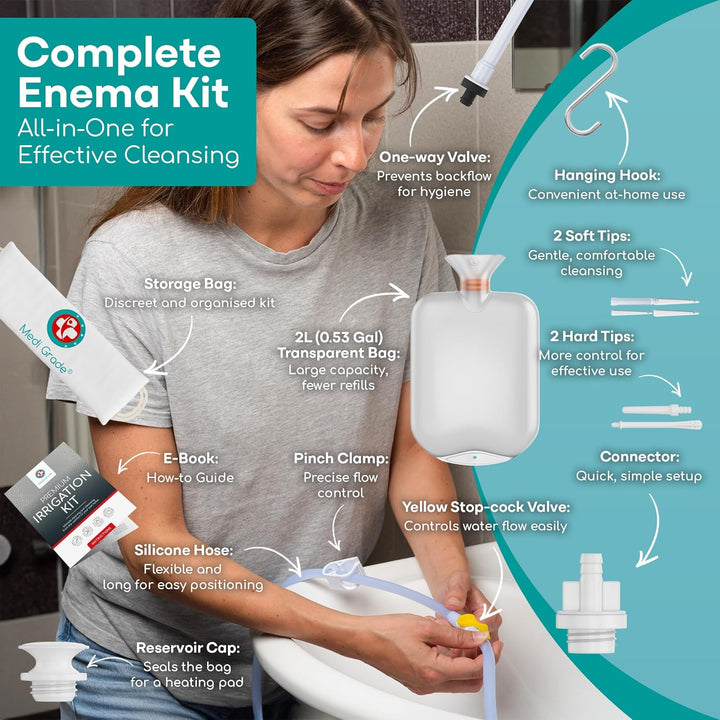 Enema Kit for Adults, 2 Litres - Transparent, Hands-Free Colonic Irrigation Home Kit with One-Way Valve - Perfect for Coffee & Colon Cleanse